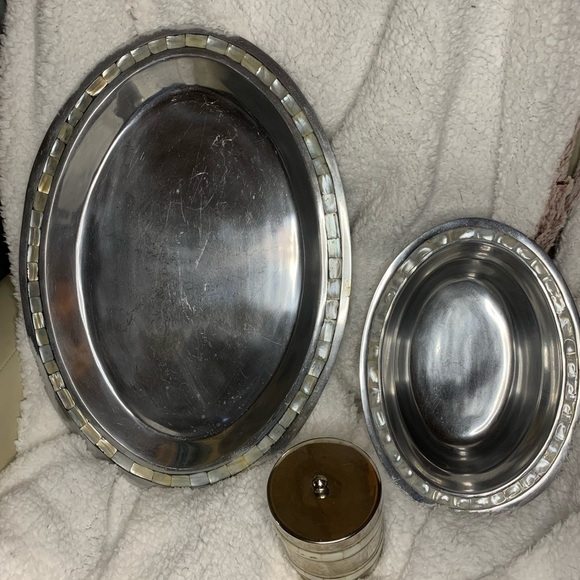 Antique Towle Silversmiths Mother Of Pearl Inlay Serving Tray , Bowl & Container - Picture 10 of 10